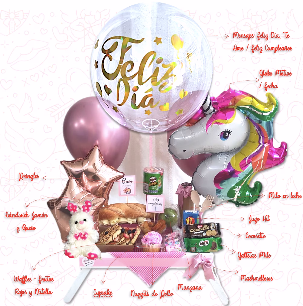 Desayuno sorpresa unicornio para niñas con globos y mesa de madera en Bogotá - Amordidas