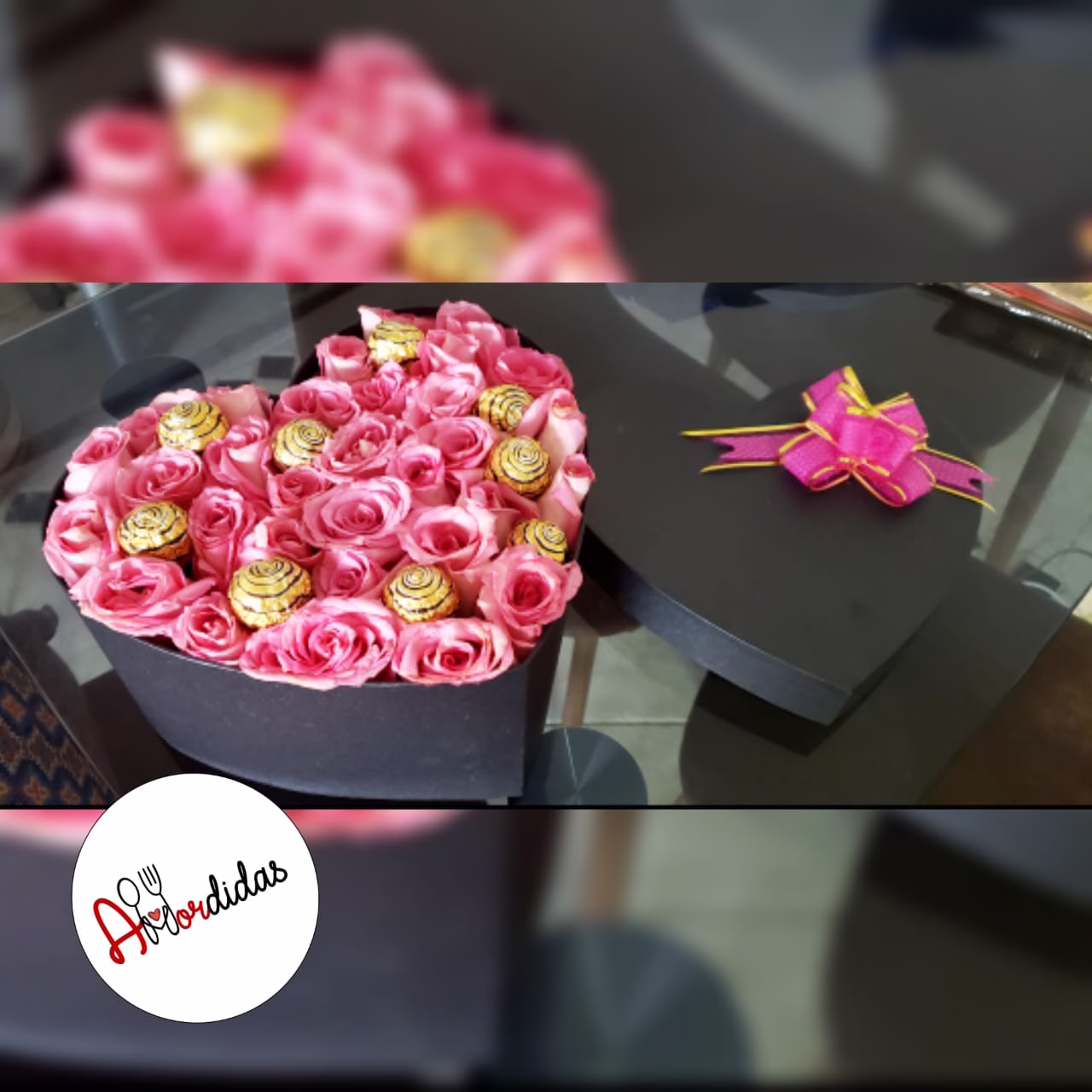Arreglo floral en caja de corazón con 24 rosas y 9 Ferreros Rocher, entrega a domicilio en Bogotá. - Amordidas