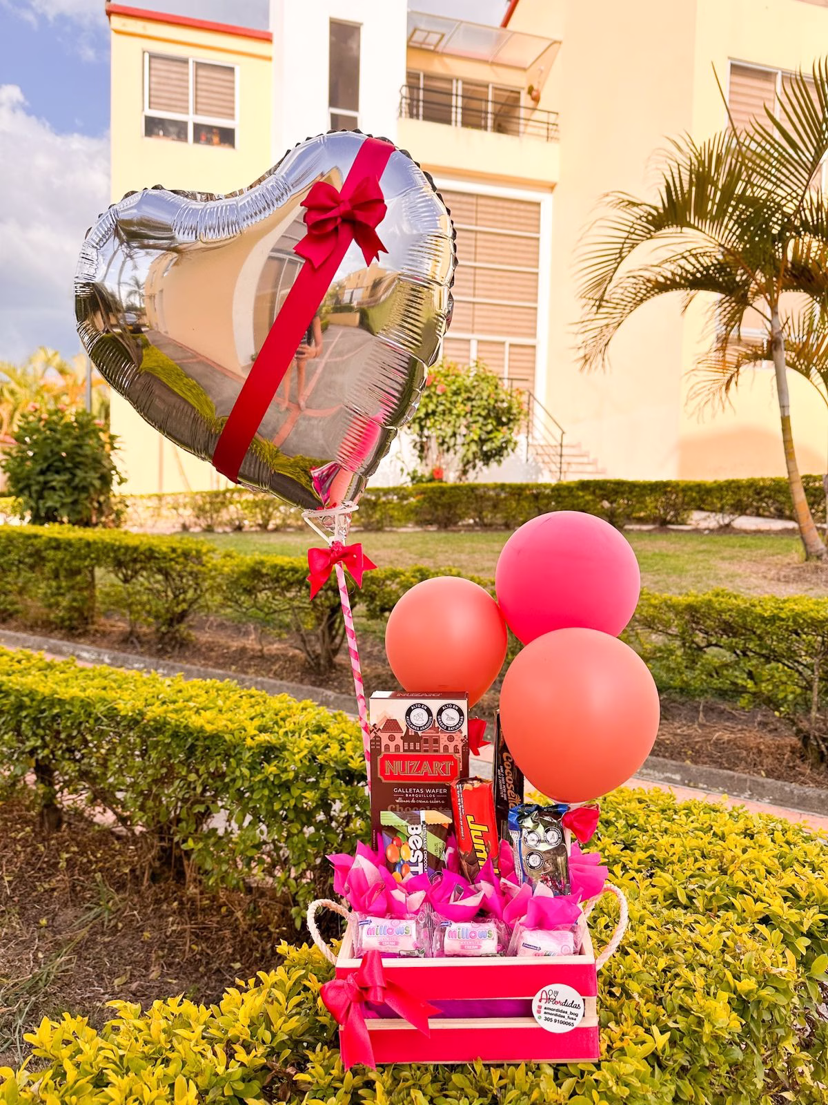 Ancheta Amor y Amistad Bogotá con globo de corazón, chocolates y barquillos.