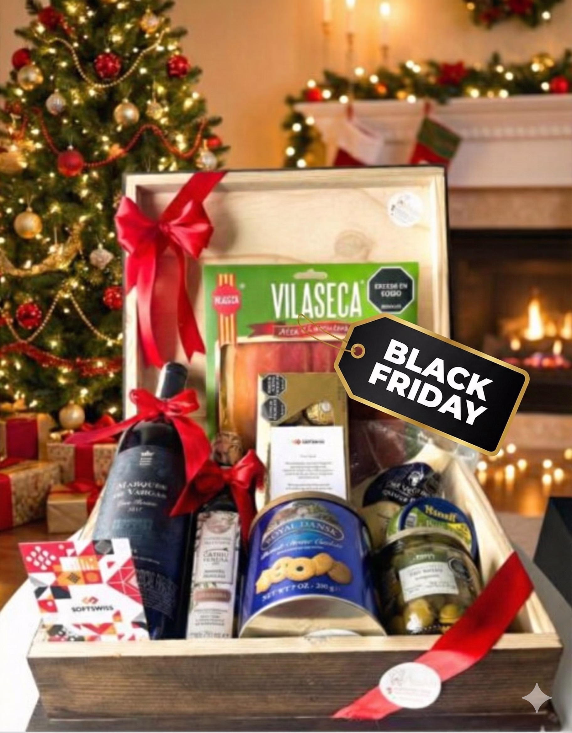 Ancheta Corporativa Premium con vino, quesos, jamón serrano y Ferrero Rocher en caja de madera.