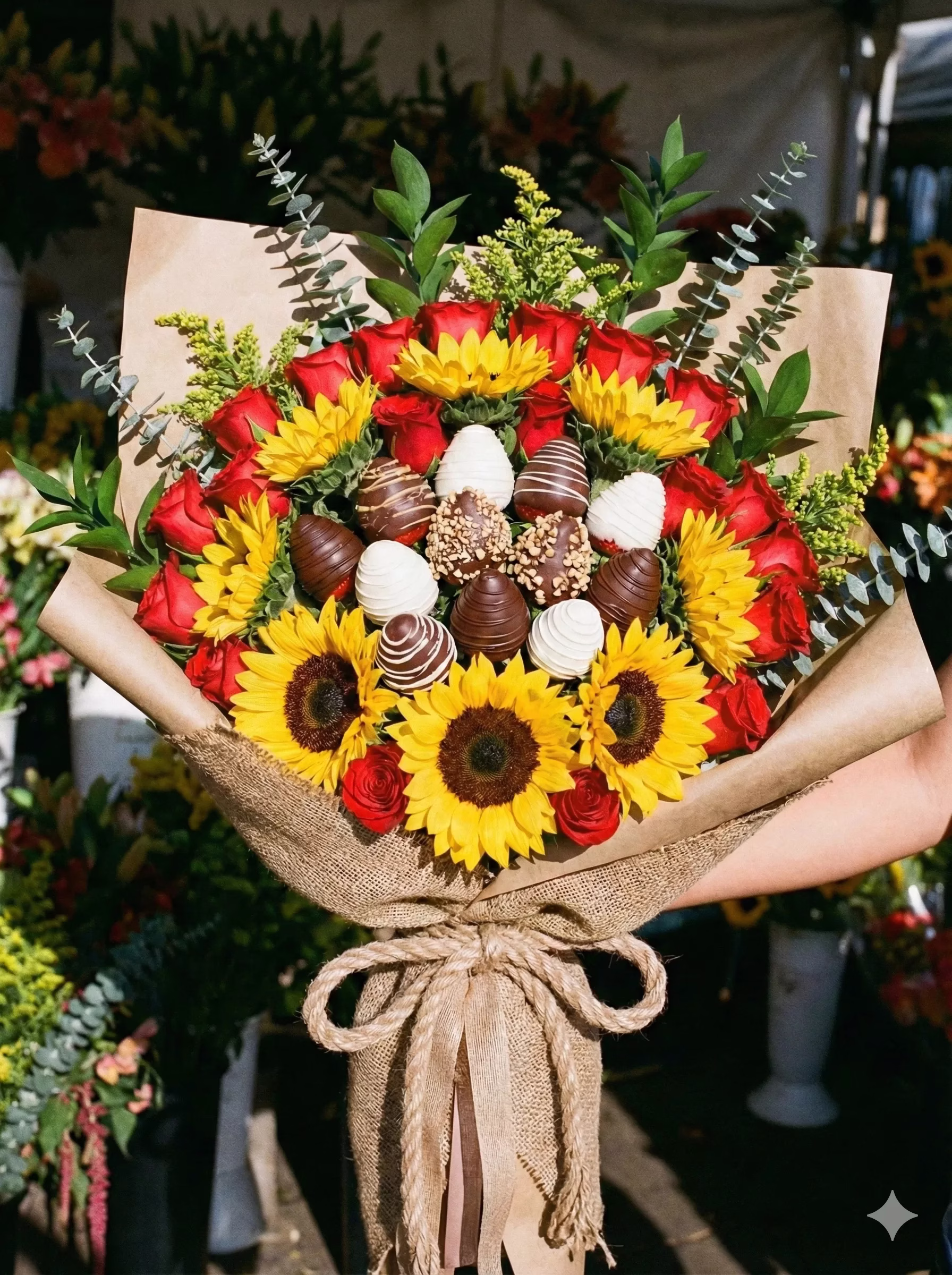 Maxi Bouquet de Rosas y Girasoles con Fresas Cubiertas de Chocolate - Amordidas Bogotá