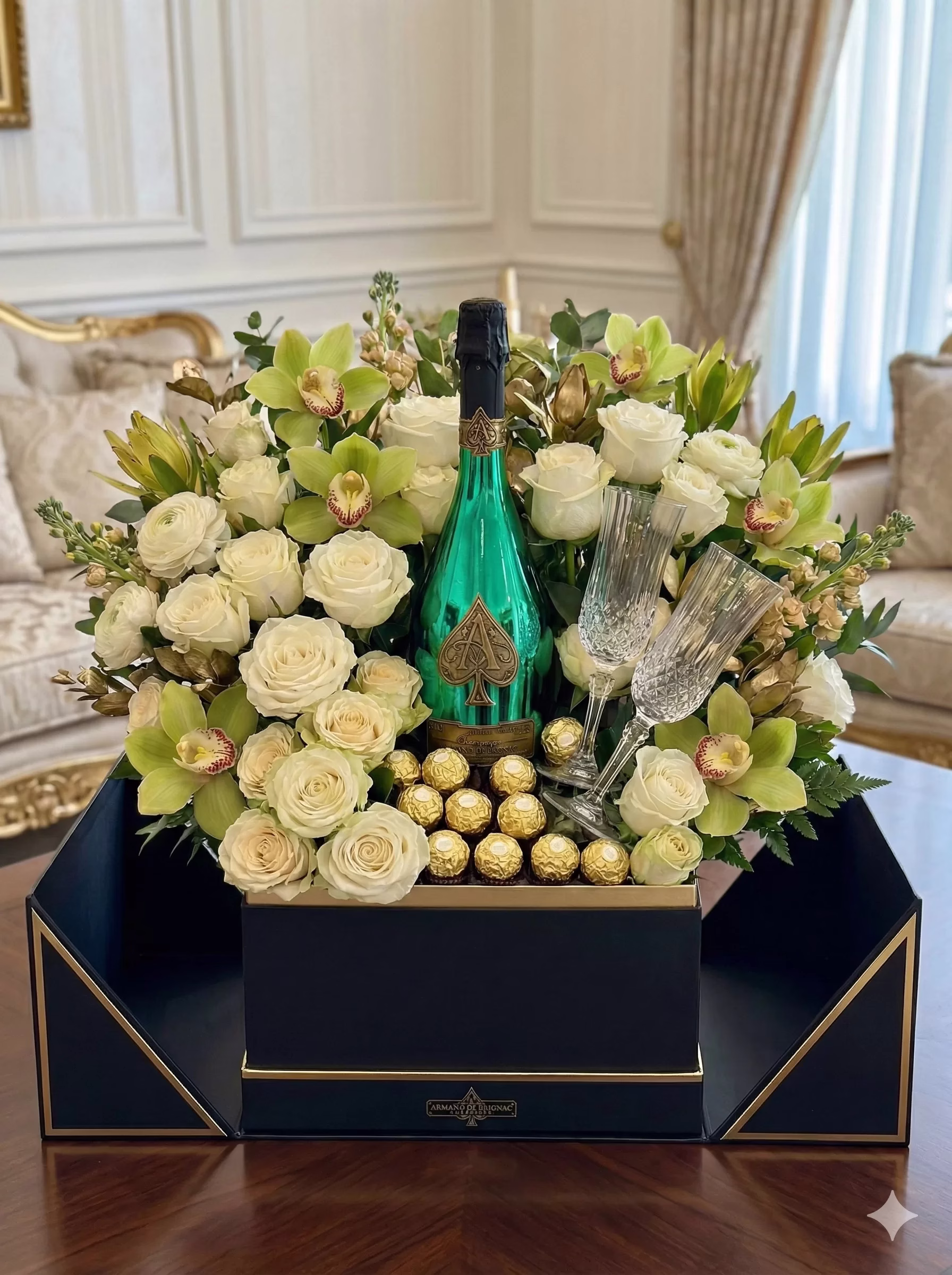 Esmeralda Brignac - Premium: Detalle de lujo con Champagne Armand De Brignac y flores en Bogotá