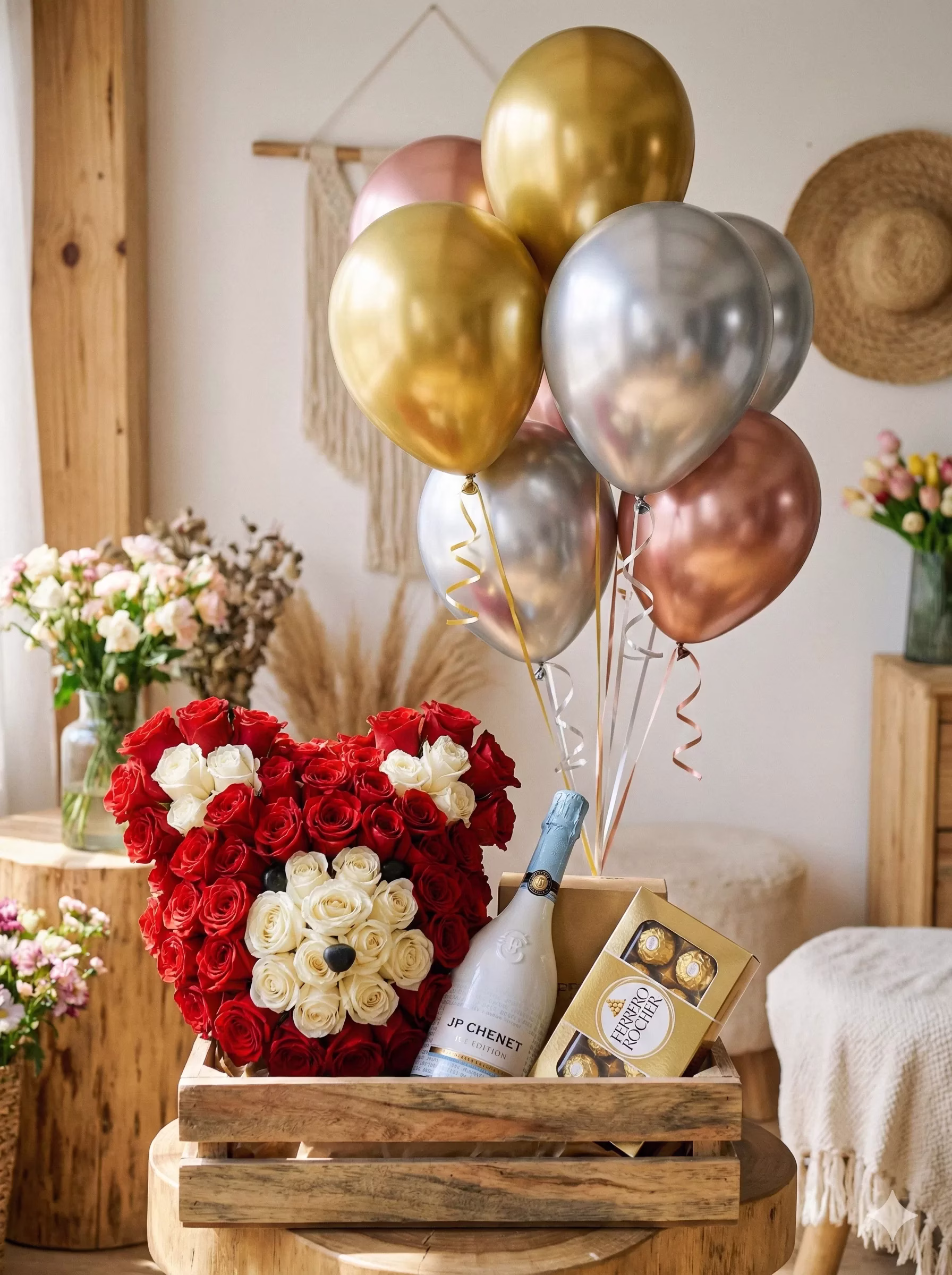 Oso Cariñoso Premium con rosas, botella JP Chenet, Ferrero y globos en guacal de madera.
