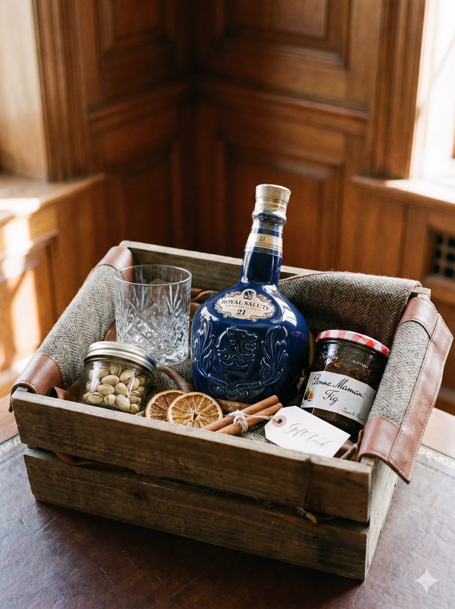 Kit Cata Royal Premium con botella de whisky Royal Salute 21, vaso y pistachos en caja de madera.