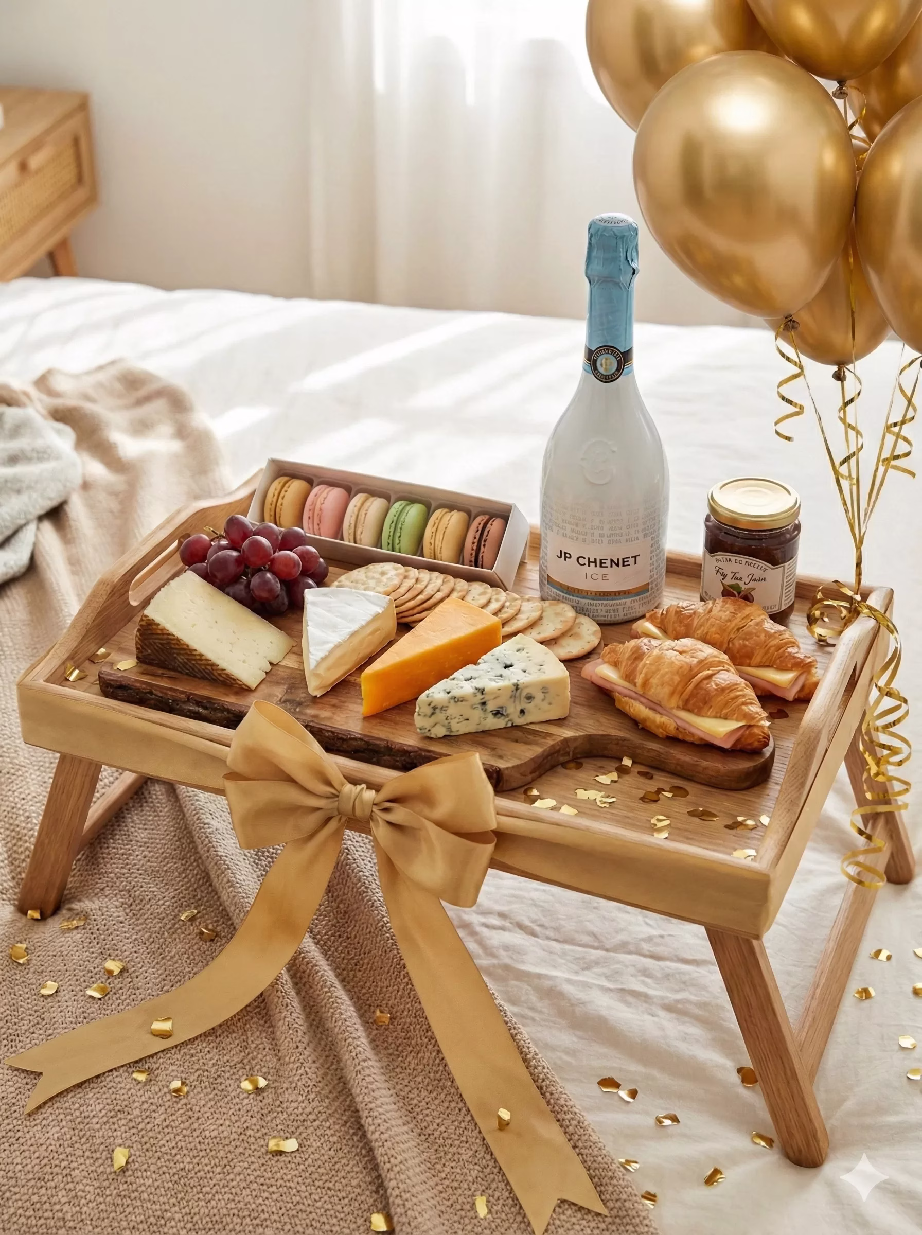 Desayuno Amanecer de Lujo sorpresa a domicilio en Bogotá con vino y macarons