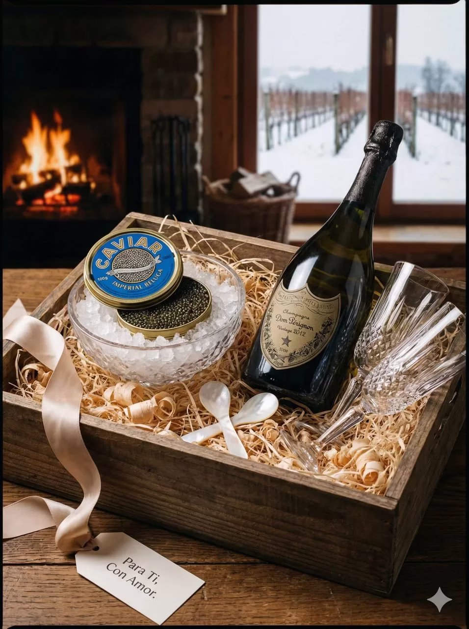 Dom Prestige Box: Detalle VIP premium con caviar, Dom Perignon y copas de cristal en caja de madera.