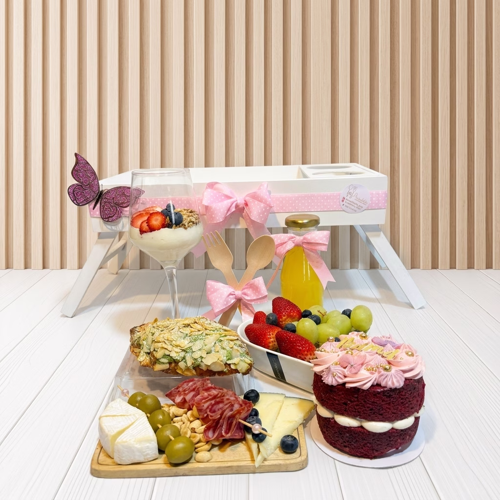 Desayuno Sorpresa Premium Mamá Día de la Madre en Bogotá con bandeja de madera, pastel Red Velvet y frutas. - Amordidas
